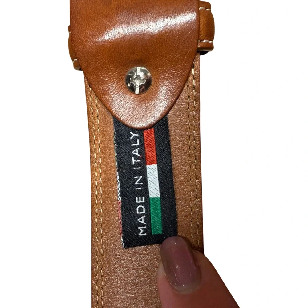 BRONZINO Brown Leather Belt Men's 34/85 Silver Buckle White Stitching Italy